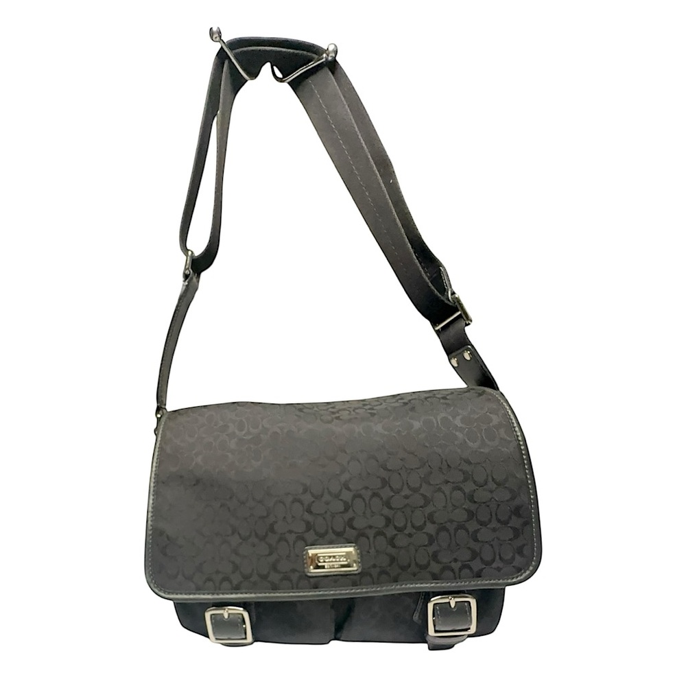 COACH #70283 Unisex Messenger Bag Black Signature Jacquard & Leather Trim